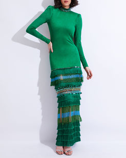 HIGH NECK MAXI DRESS WITH BEADED FRINGE