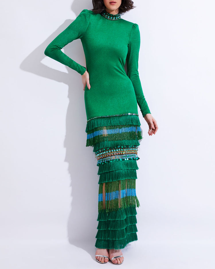 HIGH NECK MAXI DRESS WITH BEADED FRINGE (FINAL SALE)