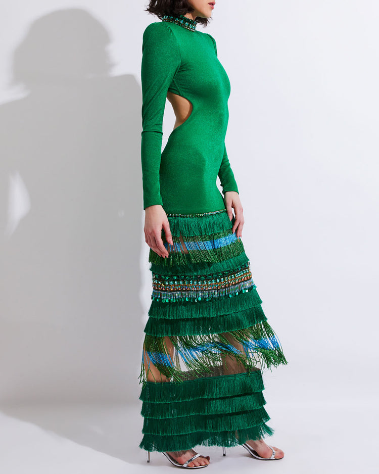 HIGH NECK MAXI DRESS WITH BEADED FRINGE (FINAL SALE)