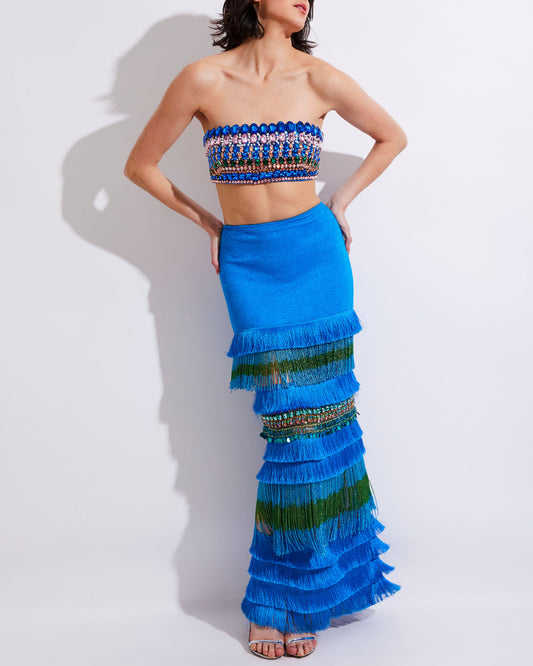 HAND-BEADED FRINGE TRIM MAXI SKIRT