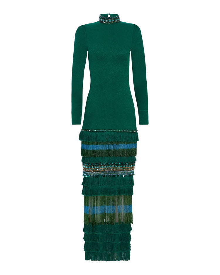 HIGH NECK MAXI DRESS WITH BEADED FRINGE (RUNWAY / EXCLUSIVE)