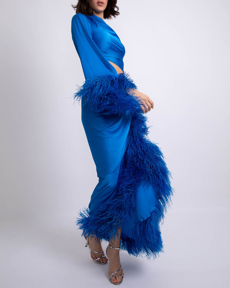 Feather Trim One Shoulder Maxi Dress (FINAL SALE)
