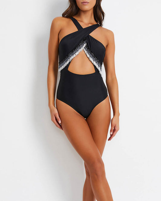 BEADED CROSS-FRONT SWIMSUIT (FINAL SALE)