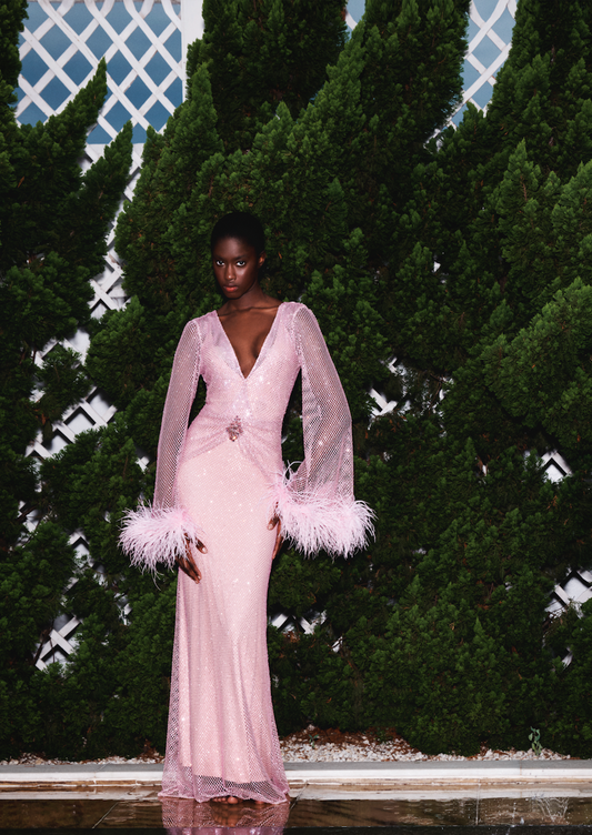 FEATHER TRIM RHINESTONE NETTED PLUNGE GOWN (RUNWAY)
