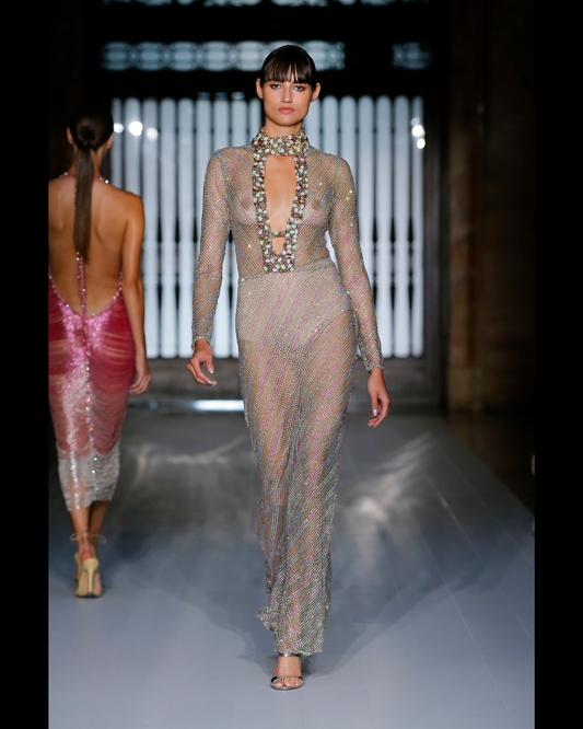 HAND-BEADED RHINESTONE NETTED HIGH NECK GOWN (RUNWAY / ONLINE EXCLUSIVE)