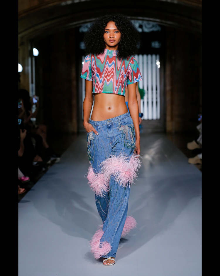 HAND BEADED JEANS WITH FEATHER TRIM (RUNWAY/ EXCLUSIVE)