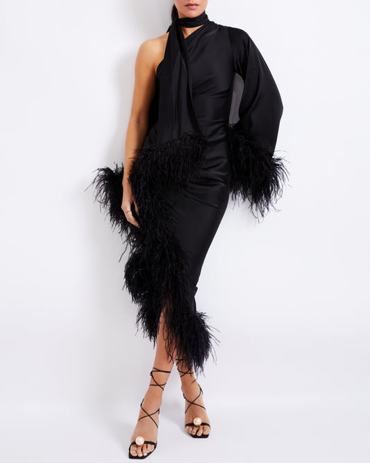 FEATHER TRIM OSCAR DRESS