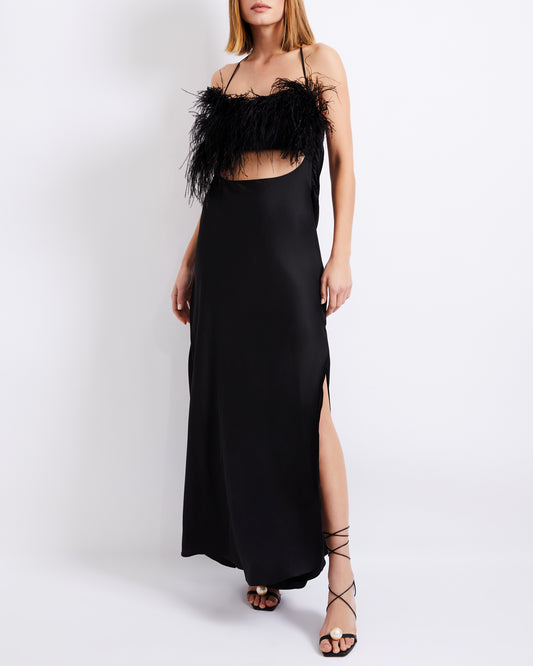 FEATHER TRIM MAXI SLIP DRESS