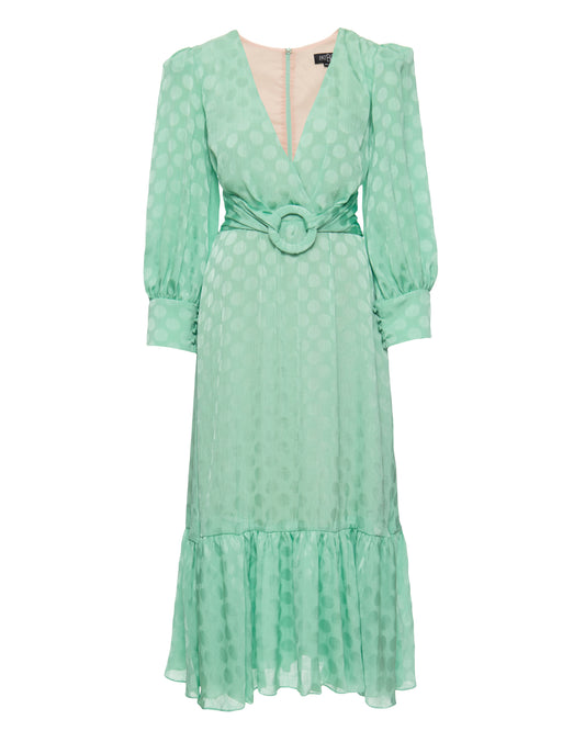 SATIN DOT BELTED MIDI DRESS
