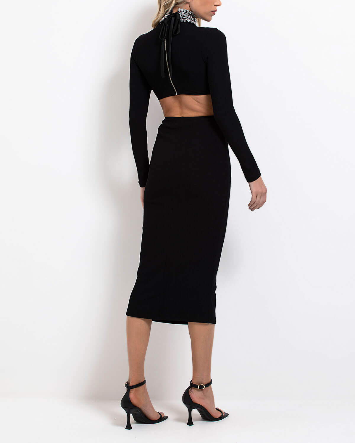 KNIT MIDI DRESS WITH EMBELLISHED COLLAR