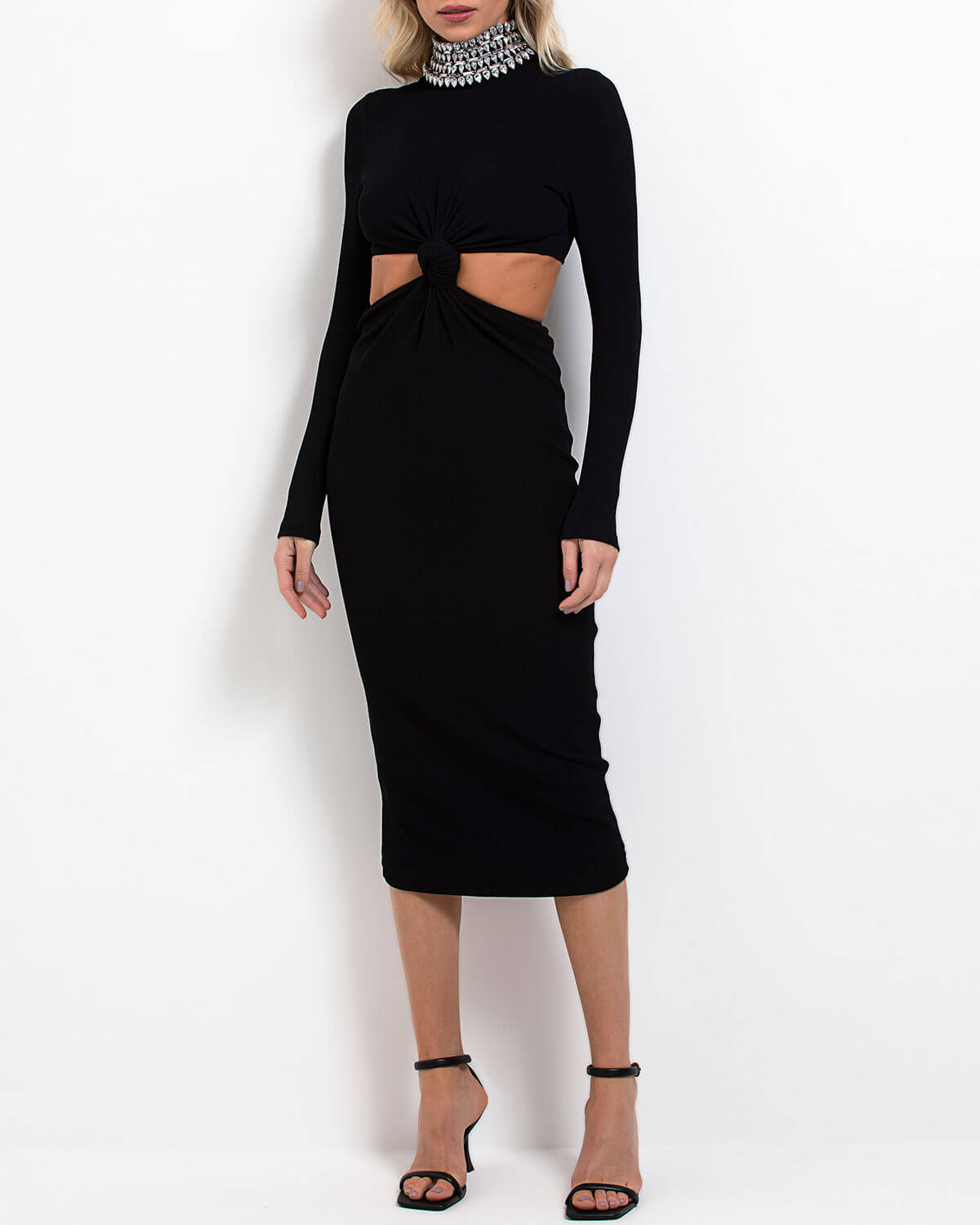 KNIT MIDI DRESS WITH EMBELLISHED COLLAR