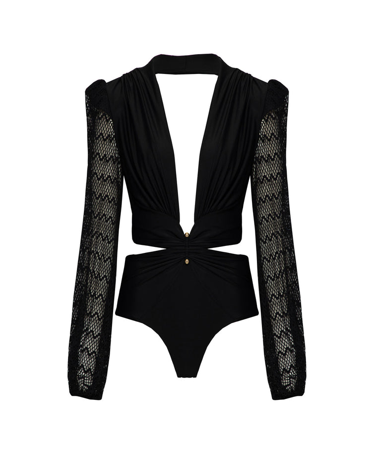 PLUNGE NETTED SLEEVE SWIMSUIT (EXCLUSIVE)