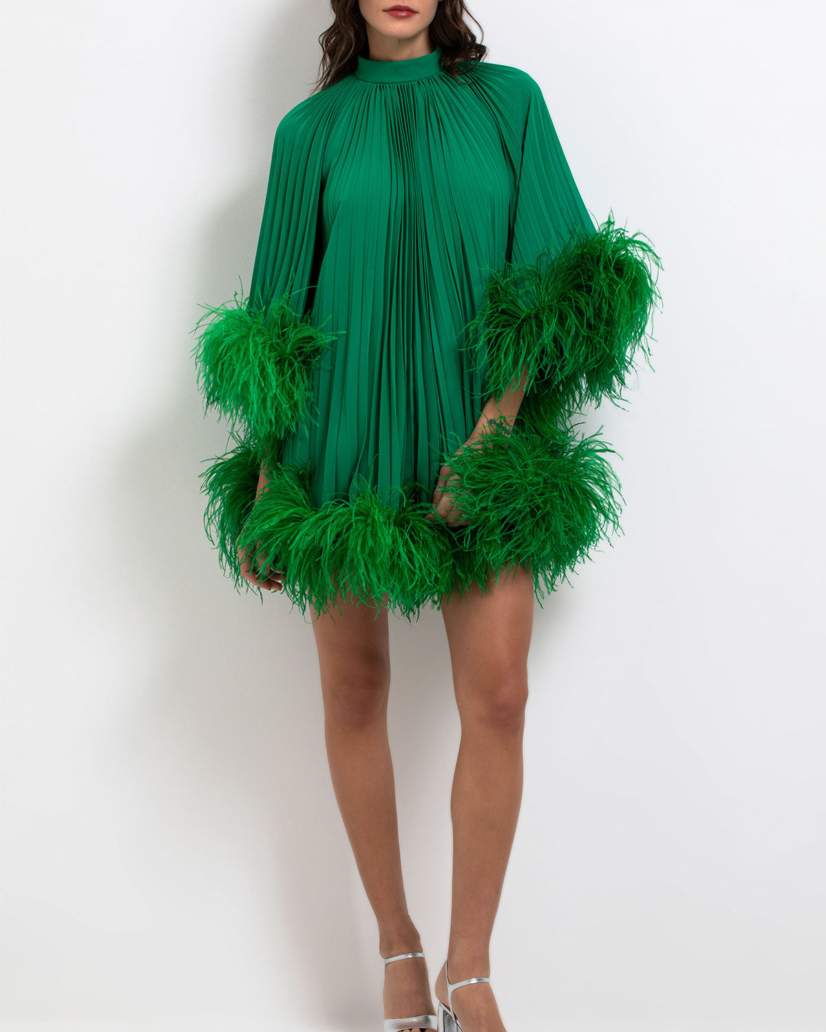 Patbo | Pleated Feather Trim Mini Dress Runway | Green